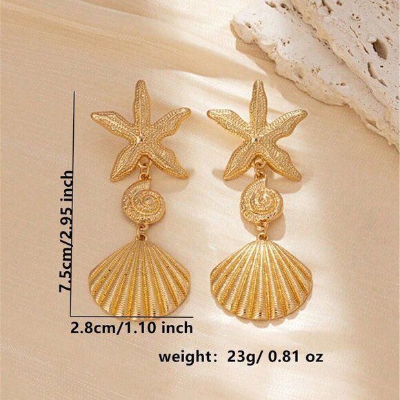 Gold Casual Women's Starfish & Shell Dangle Earrings - Picture 10 of 11
